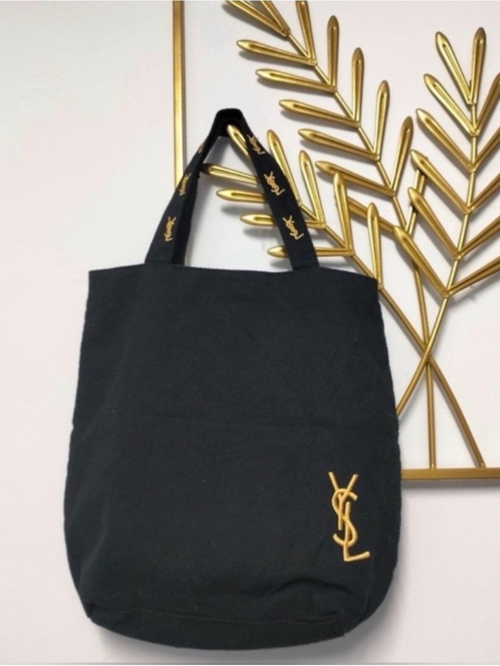 NEW YSL Yves Saint Laurent Tote Bag Black Gold Embroidery Logo - Picture 2 of 16